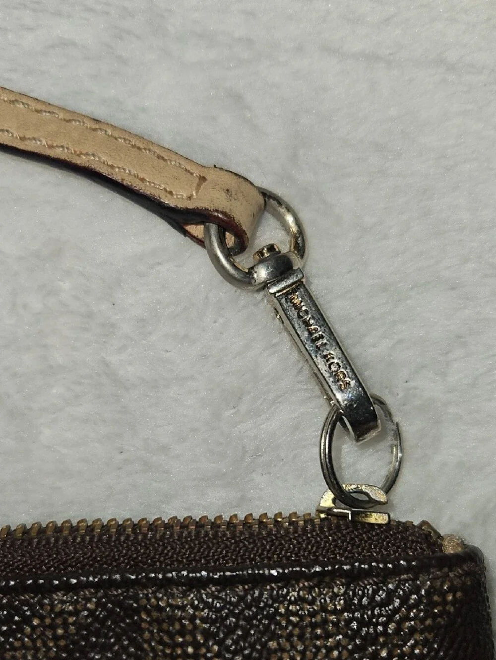 Michael Kors Dark Brown Signature Wristlet with Beige Strap